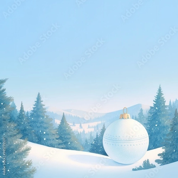 Fototapeta Giant frozen Christmas ornament resting in a snowy forest, softly glowing under the moonlight, watercolor