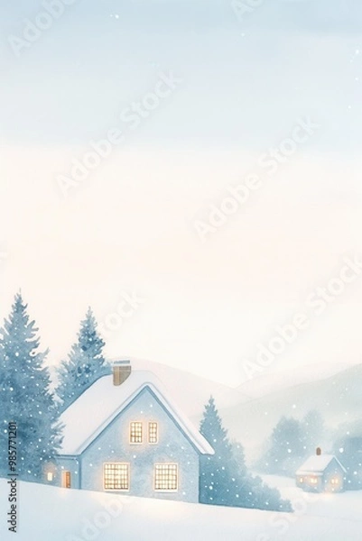 Fototapeta Glittering frost patterns on a Christmas window, warm glow of candles inside, watercolor