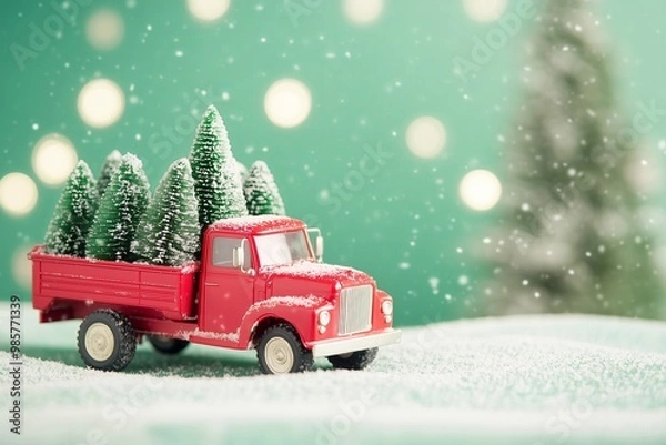 Fototapeta bright red toy truck full of Christmas trees on a green solid color background, snowing