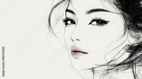 Fototapeta Close-up Pencil Sketch of a Woman's Face with Long Hair