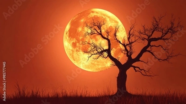 Fototapeta Halloween night scene with a silhouette of a dead tree against a full moon backdrop