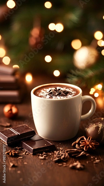 Fototapeta A mug of hot chocolate with a chocolate bar and some spices on a wooden table. Scene is cozy and warm, perfect for a cold winter day