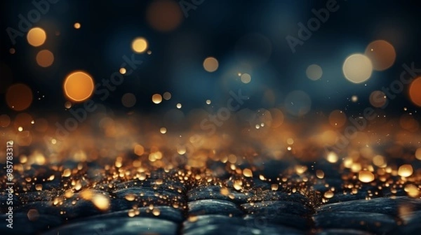 Fototapeta Holiday Abstract Background - Dark Blue and Gold Particles with Christmas Golden Light Bokeh and Gold Foil Texture