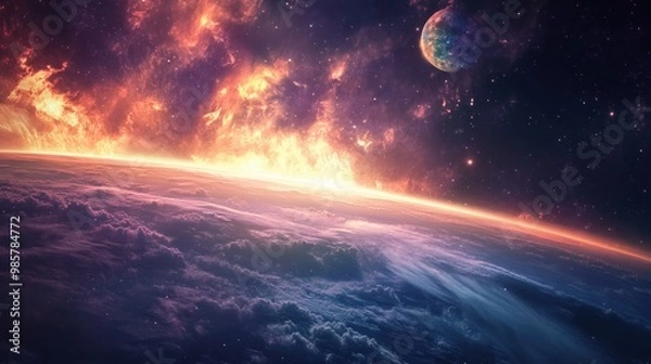 Fototapeta A fiery nebula above a distant planet with a large moon