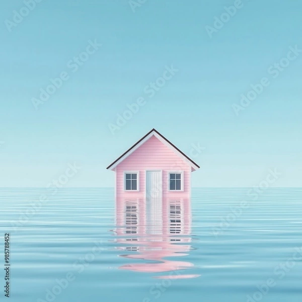 Fototapeta Flood insurance, house protected from water, 3D illustration, copy space for text,