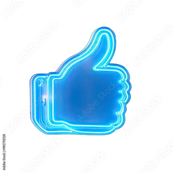 Fototapeta Like Button Shaped as Thumbs Up Blue Neon on Social Media. Isolated on a Transparent Background. Cutout PNG.