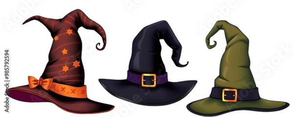 Fototapeta Artistic collection of three unique witch hats in varying colors and styles