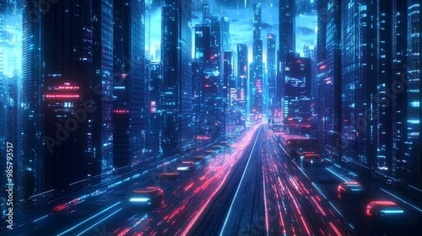 Fototapeta A futuristic city skyline featuring vibrant neon lights and dynamic light trails from moving vehicles on a bustling road.