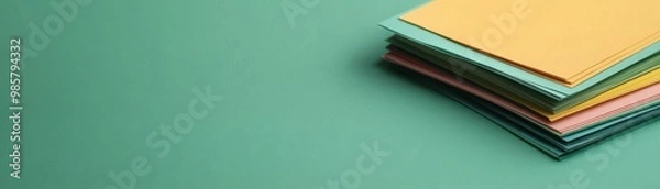 Fototapeta Colorful sheets of paper stacked neatly over a green background, perfect for creative projects and artistic inspiration.