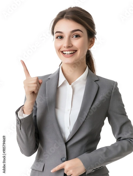 Obraz cut out a beautiful cheerful woman wearing suit point to the left with her fingers