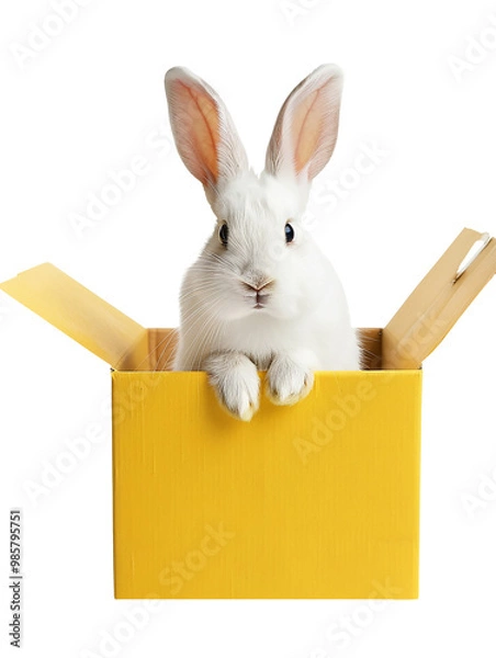 Fototapeta a white rabbit sitting in a yellow cardboard box cut out