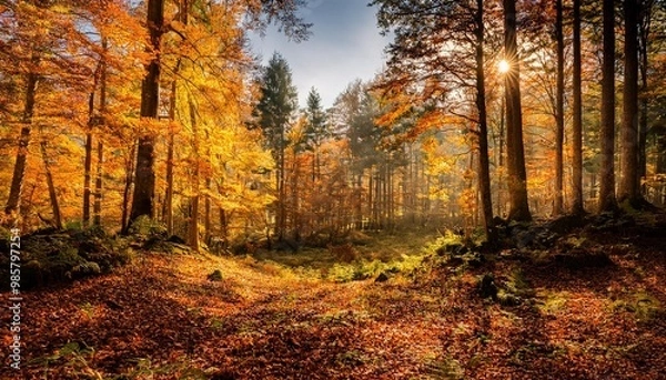 Fototapeta Autumn foliage in a serene forest.