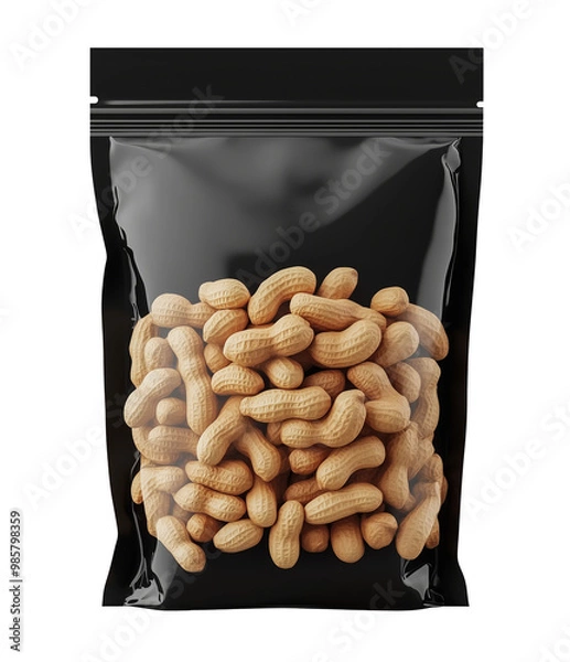 Fototapeta Plastic package filled with whole peanuts in shells, isolated background, ideal for food packaging design and snack product presentations