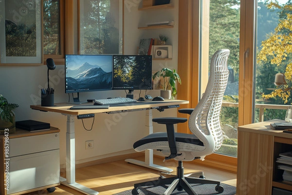 Fototapeta Modern standing desk with an ergonomic chair and organized workspace, symbolizing a healthy and productive work environment