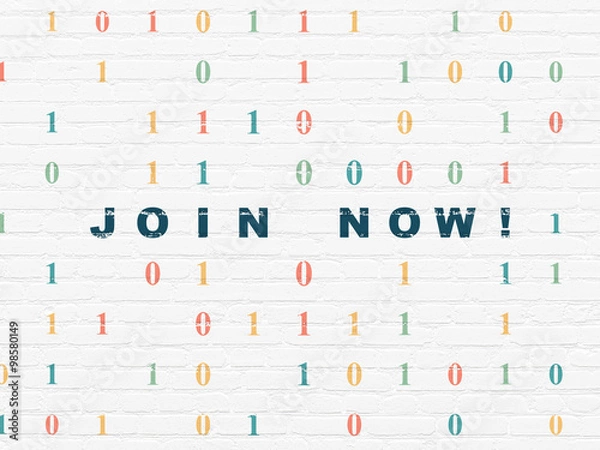 Fototapeta Social media concept: Join now! on wall background