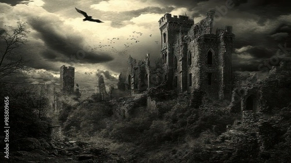 Obraz A Ruined Stone Castle Surrounded by Forest Under a Gloomy Sky