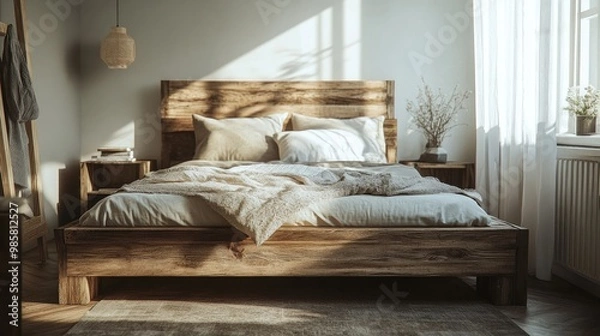 Fototapeta A cozy wooden bed frame with soft bedding, placed in a modern rustic-themed bedroom.