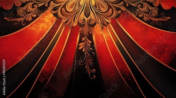 Fototapeta Luxurious Masquerade Ball Poster Design Template in Red, Gold, and Black with Ornate Beams and Velvet Textures - Formal Event Vector Illustration