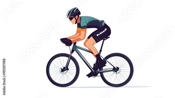 Fototapeta A person riding an off-road bicycle, with a flat design featuring simple lines and minimal details, set against a white background in an illustrative style.