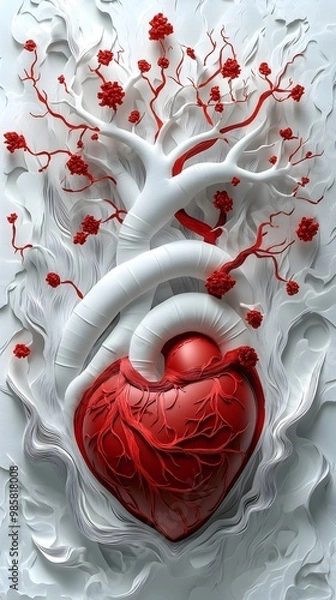 Obraz Layered 3D Paper Cut of the Circulatory System with Veins Arteries and Capillaries Expanding from the Heart