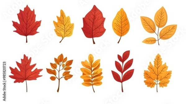 Fototapeta Set of autumn leaves clip art, vector illustration, white background, flat color, hand-drawn style, autumn colors