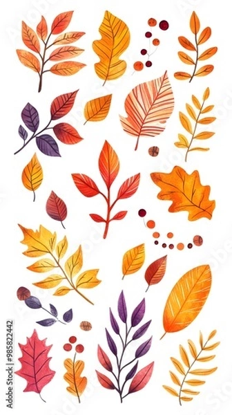 Fototapeta Set of autumn leaves clip art, vector illustration, white background, flat color, hand-drawn style, autumn colors