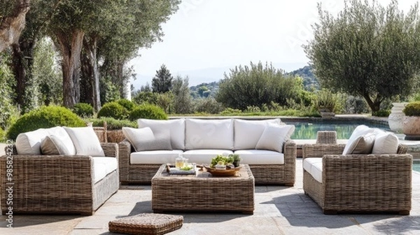 Fototapeta A stylish outdoor sofa set with soft cushions, perfect for lounging on a sunny day.
