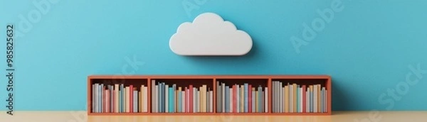 Fototapeta Modern bookshelf filled with colorful books against a stylish blue wall with a decorative cloud overhead.