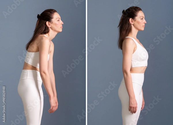 Fototapeta Woman slouching and with correct posture. Comparison