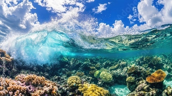 Fototapeta A wave breaking on a tropical reef, with the vibrant colors of the coral visible beneath the water.