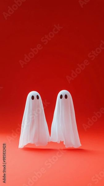 Fototapeta Cute white ghosts on minimalist color background with copy space