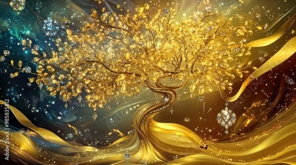 Fototapeta Elegant golden tree with various falling ribbons adorned with diamonds and jewelry, against a vibrant futuristic backdrop, vector art illustration