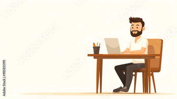 Fototapeta Focused person, working efficiently on laptop, flat design illustration