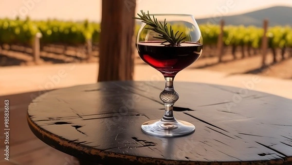 Fototapeta  A glass of rich Spanish red wine set on a rustic wooden table, with a vineyard in the background, capturing the essence of Spain’s wine culture

