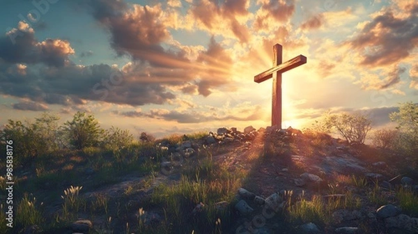 Obraz A wooden cross shining in the sky, atop an old hill covered with rubble and grasses. God rays, a dramatic sky, photorealistic, hyper-detailed, and a cinematic look.