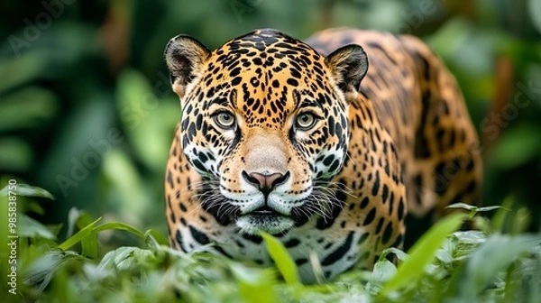 Fototapeta A majestic jaguar roams its untamed habitat with keen eyes and powerful presence. Its spots, a natural camouflage against the verdant jungle, blend into the vibrant undergrowth