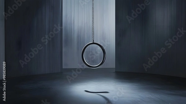 Fototapeta A Single Metal Ring Hanging from a Chain in a Dark Room with Textured Walls