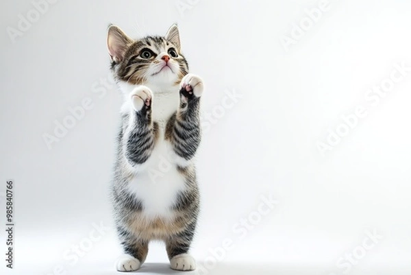 Fototapeta A cat rises up, its entire body isolated on a white backdrop and its two front paws raised. Generative Ai