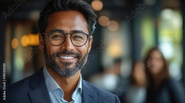 Fototapeta charismatic asian indian businessman in sharp suit smiling confidently in modern office blurred background shows diverse team emphasizing leadership and success