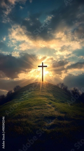 Obraz A wooden cross shining in the sky, atop an old hill covered with rubble and grasses. God rays, a dramatic sky, photorealistic, hyper-detailed, and a cinematic look.