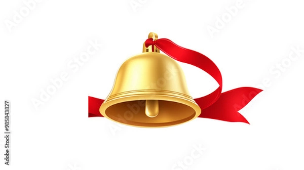 Fototapeta Golden Bell with Red Ribbon. A shiny golden bell tied with a red ribbon, isolated on a white background. Ideal for holiday, Christmas, or celebration-related imagery.