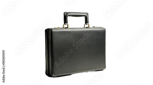 Fototapeta Classic Black Briefcase on White Background. High-quality image of a classic black leather briefcase with gold accents, isolated on a white background.