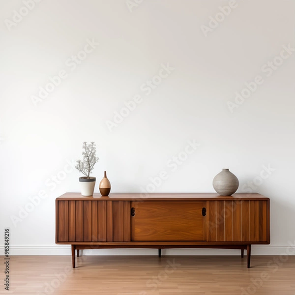 Fototapeta MidCentury Modern Sideboard with Sliding Doors and Vases