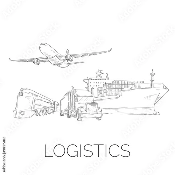 Obraz Logistics sign with plane, truck, container ship and train sketchy vector illustration