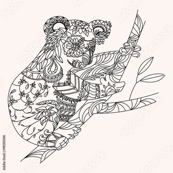Obraz Zentangle patterned koala bear sitting on eucalyptus. EPS10 vector illustration