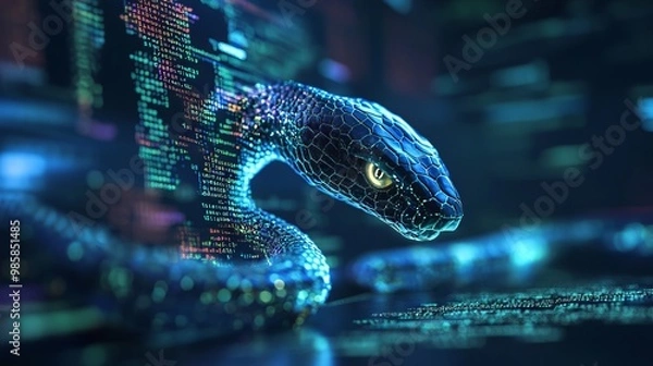 Obraz A computer screen displaying python code with a digital snake, symbolizing python programming for data engineering