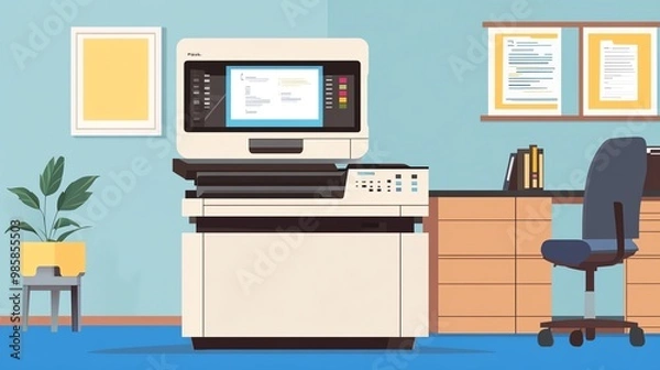 Fototapeta Modern office setup featuring a multifunction printer, desk, chair, and decorative plant, perfect for productivity and business needs.