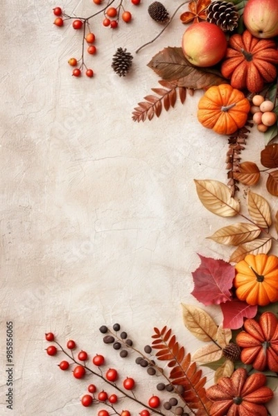 Fototapeta Autumn-themed flatlay with pumpkins, leaves, pinecones, and berries on a light background. Perfect for seasonal and Thanksgiving designs.