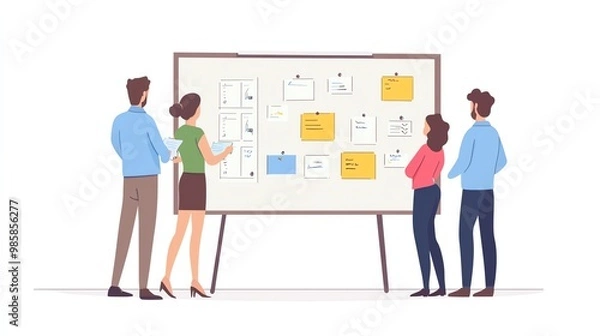 Obraz A diverse group of professionals collaborating at a whiteboard, brainstorming ideas with sticky notes and diagrams.