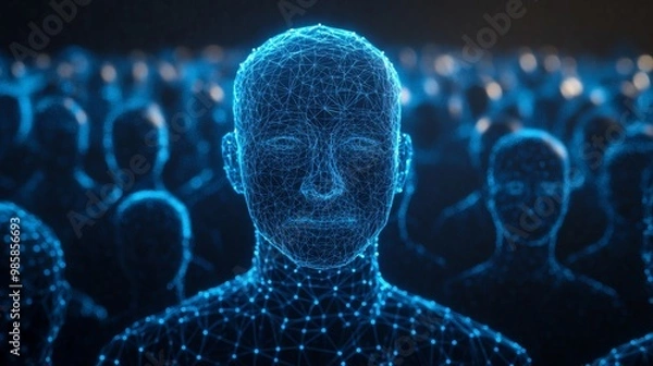 Fototapeta Standout concept: glowing polygonal human face in a crowd on dark blue. Wireframe design.